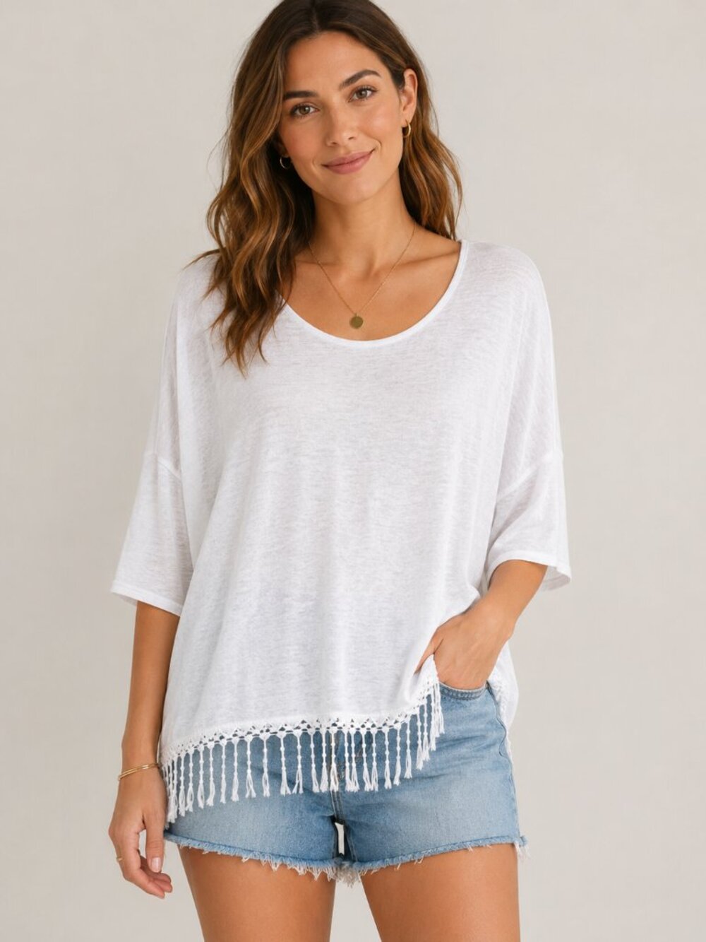 Alfani Sweater Womens White Fringe Lightweight Boho Coastal Cowboy Ladies